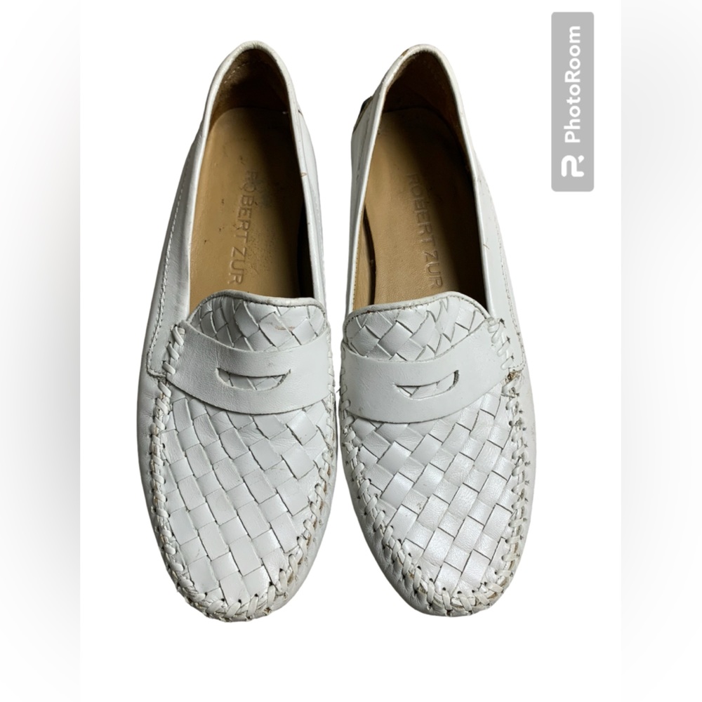 Robert Zur White Woven Leather Loafers